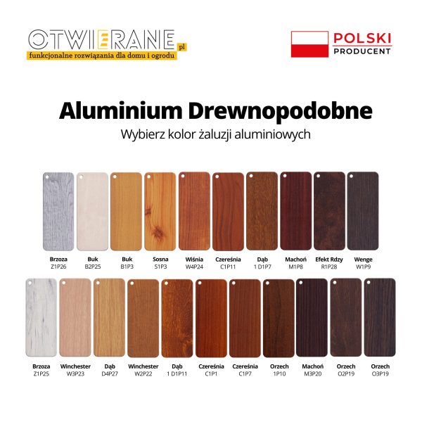 Wzornik kolorów lamele aluminiowe drewnopodobne Otwierane.pl